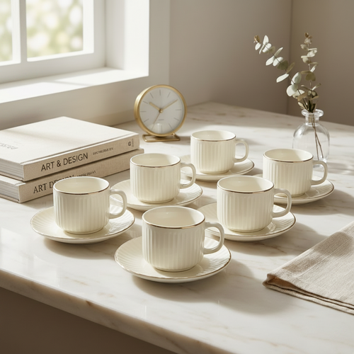 Ivory Tea Cup & Saucer Set with Gold Rim Set of 6
