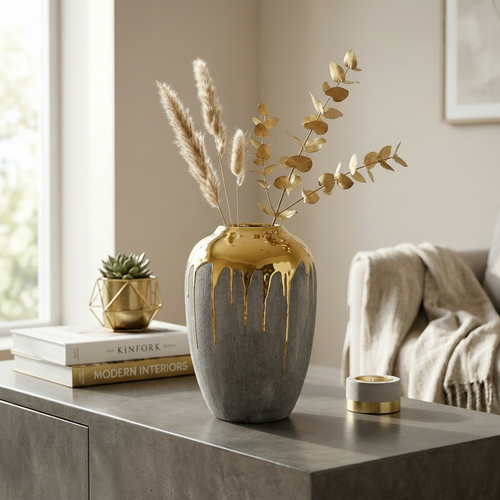 Elegant Matte Grey & Liquid Gold Ceramic Vase