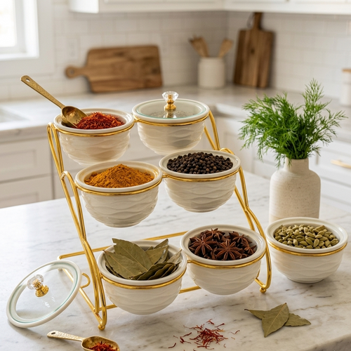 Elegant 6-Piece Ceramic Condiment Set with Gold Stand
