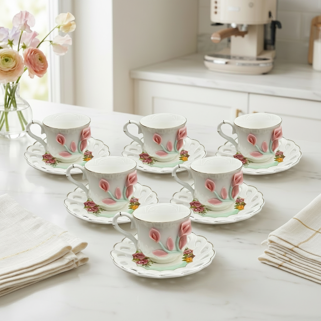 Vintage Sculpted Pink Lily Tea Cup & Saucer Set of 6