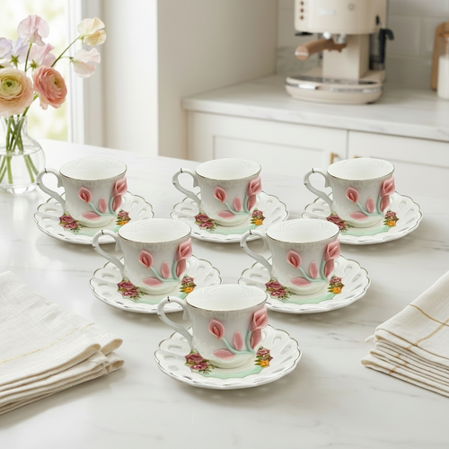 Vintage Sculpted Pink Lily Tea Cup & Saucer Set of 6