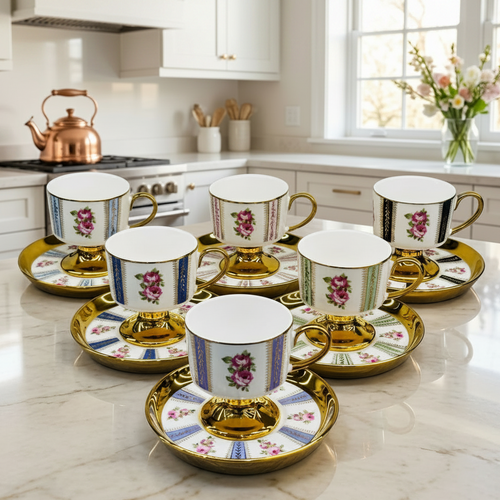 Luxury Floral Gold Rim Tea Cup & Saucer Set of 6