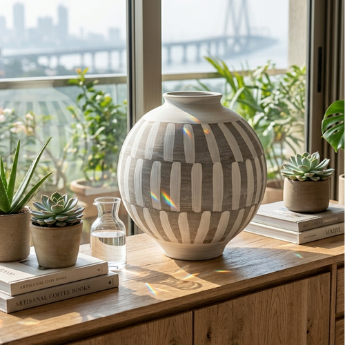 Elegant Monochrome Stripes Round Ceramic Vase