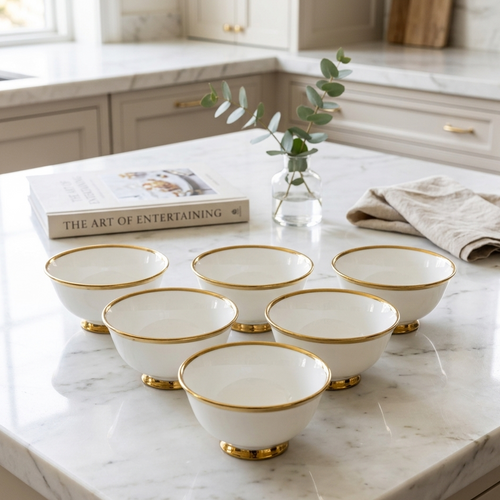 Modern Pedestal Bowl Set with Gold Rim Set of 6