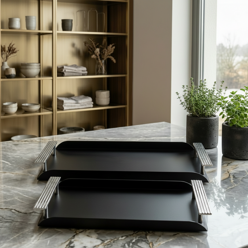 Modern Matte Black Serving Tray Set 2 Piece