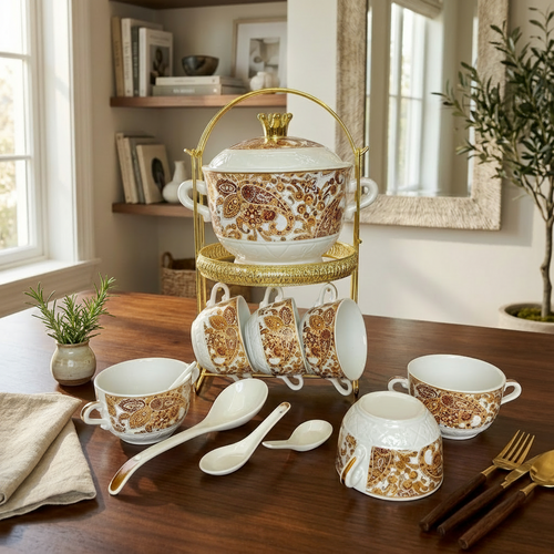 Imperial Paisley Ceramic Soup & Serving Set with Gilded Stand