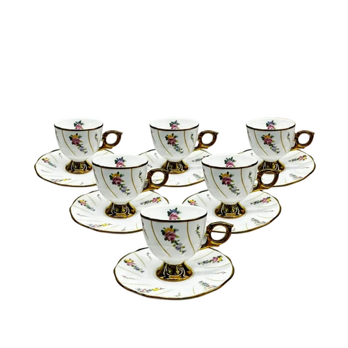 Vintage Floral & Gold Pinstripe Cup & Saucer Set of 6