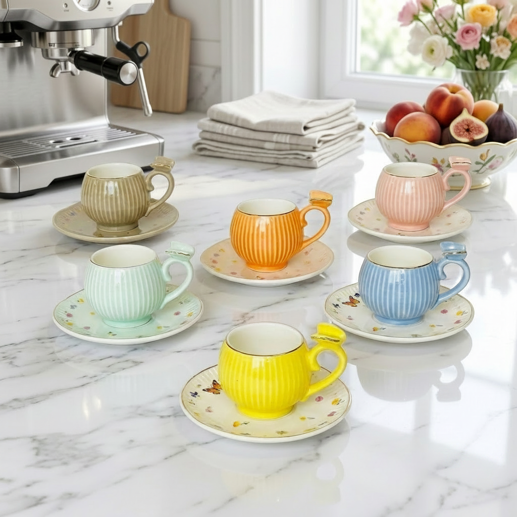 Multicolor Butterfly Handle Cup & Saucer Set 12 Piece