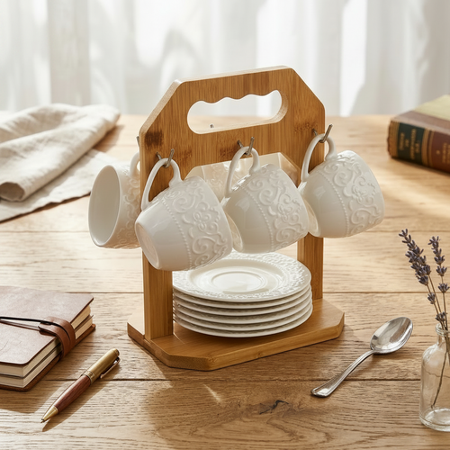 Heritage Tea Cup & Saucer with Wooden Stand Set of 6