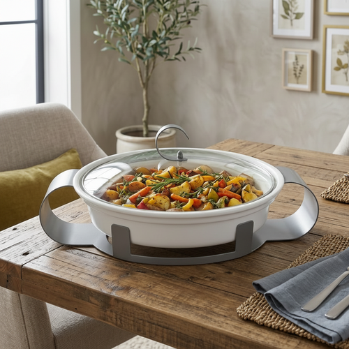 Minimalist Ceramic Chafing Dish with Glass Lid & Stand