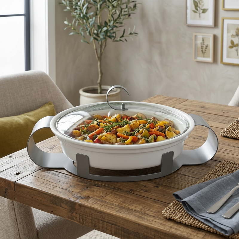 Minimalist Ceramic Chafing Dish with Glass Lid & Stand