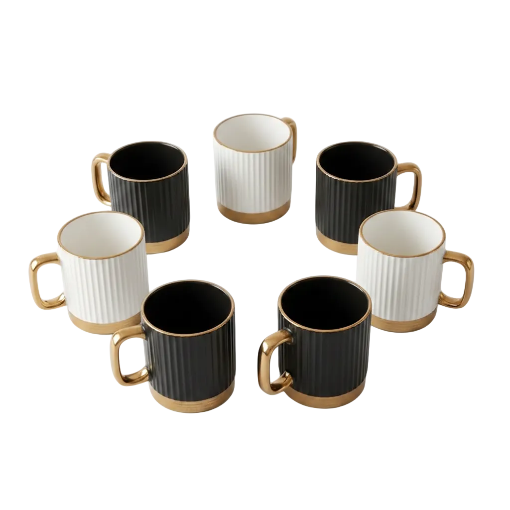 Gold Trim Matte Black & White Mugs with Saucers Set of 6