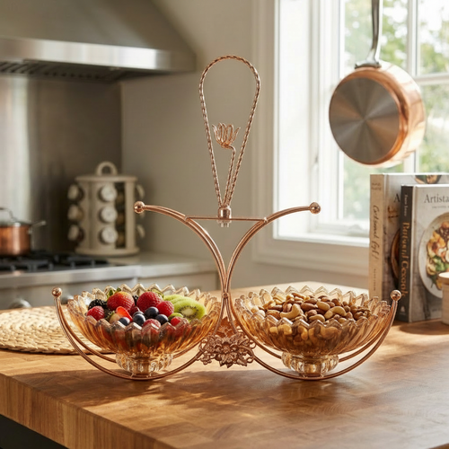 Elegant Double Serving Bowl with Rose Gold Floral Stand