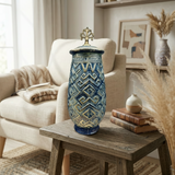 Elegant Blue & Gold Geometric Decorative Jar with Lid