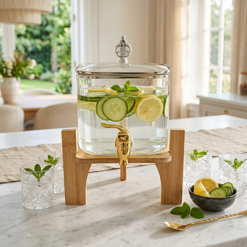 Amber Glass Beverage Dispenser with Wood Stand