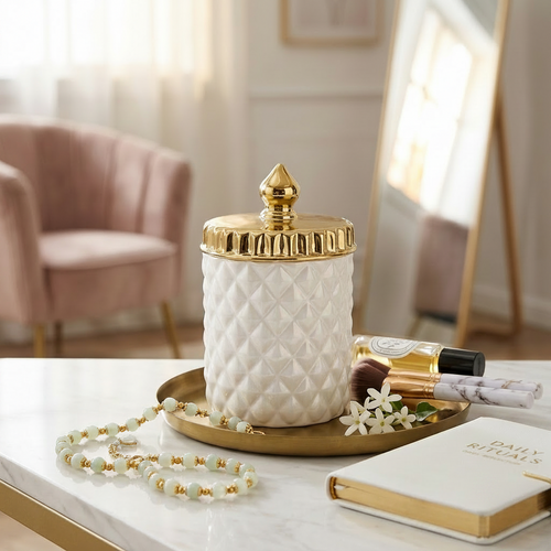 Elegant Diamond Pattern Ceramic Jar with Gold Lid