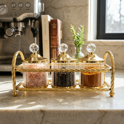 Luxury 3 Piece Glass Jar Set with Gold Carrier