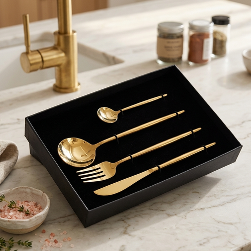 Modern Mirror Finish Gold Cutlery Set of 4