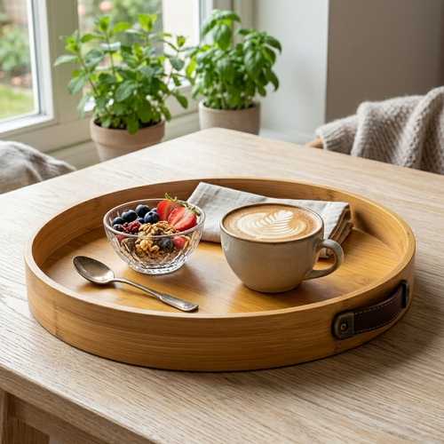 Elegant Round Bamboo Serving Tray with Handles