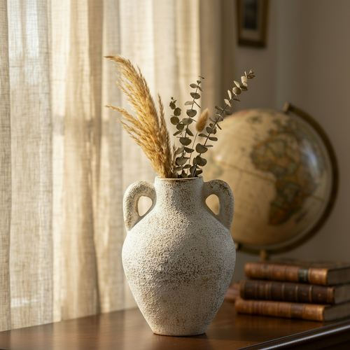 Antique White Grain Textured Vase with Handles