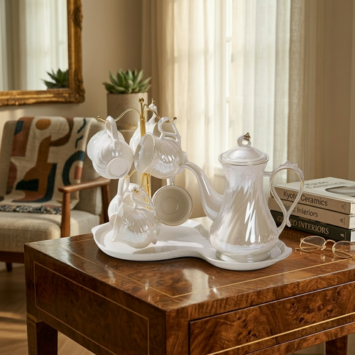 Elegant Pearl Swirl Tea Set With Tray & Stand