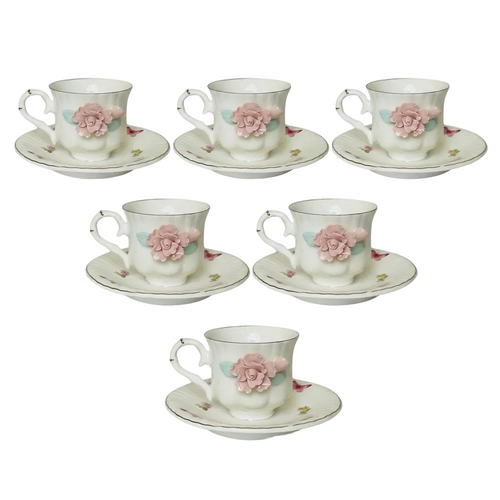 Vintage Rose Embossed Cup & Saucer Set 12 Piece