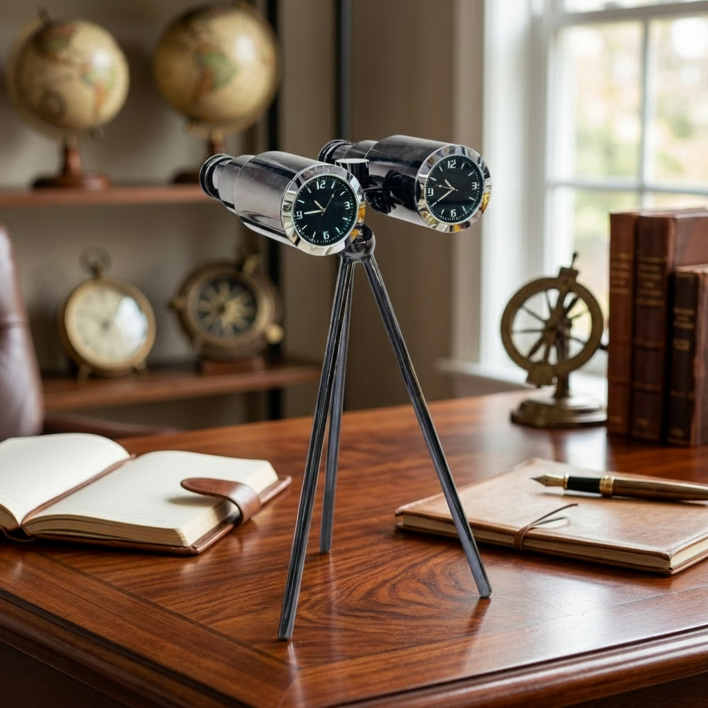 Dual-Face Binocular Tripod Clock in Polished Chrome