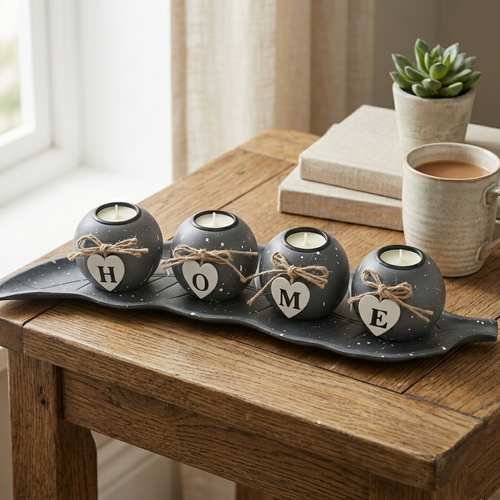 "HOME" Candle Holder With Leaf Tray