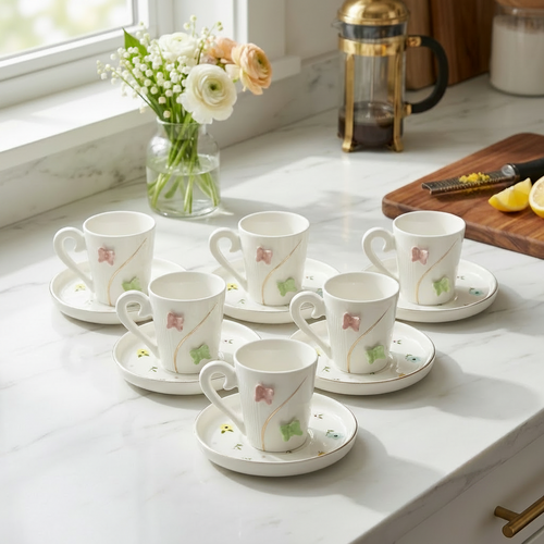 Minimalist Butterfly Embossed Cup & Saucer Set of 6