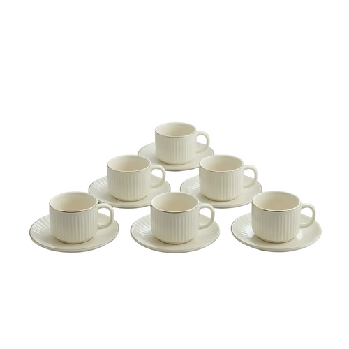 Ivory Tea Cup & Saucer Set with Gold Rim Set of 6