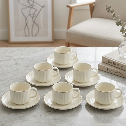 Ivory Tea Cup & Saucer Set with Gold Rim Set of 6