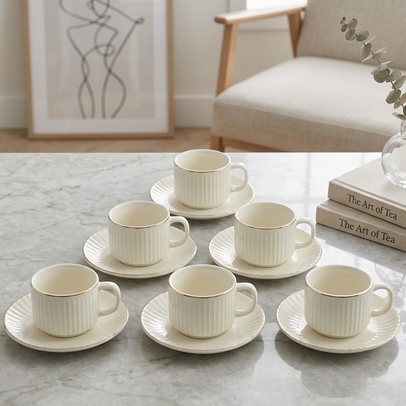 Ivory Tea Cup & Saucer Set with Gold Rim Set of 6