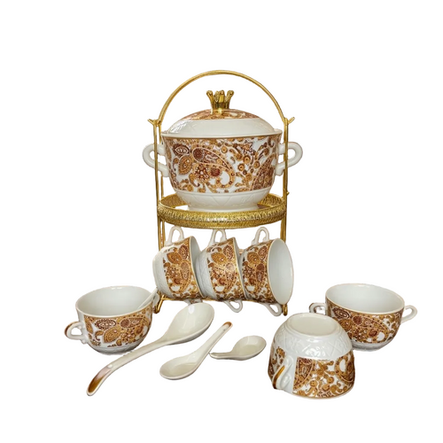 Imperial Paisley Ceramic Soup & Serving Set with Gilded Stand