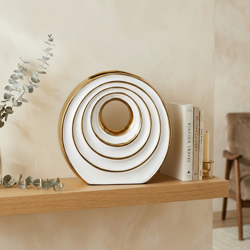 Elegant Concentric Ring Vase in White & Gold