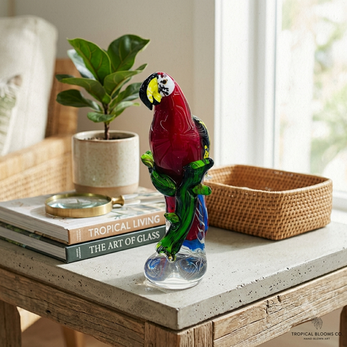 Modern Glass Parrot on Branch Figurine