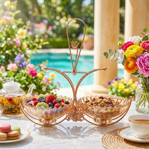 Elegant Double Serving Bowl with Rose Gold Floral Stand