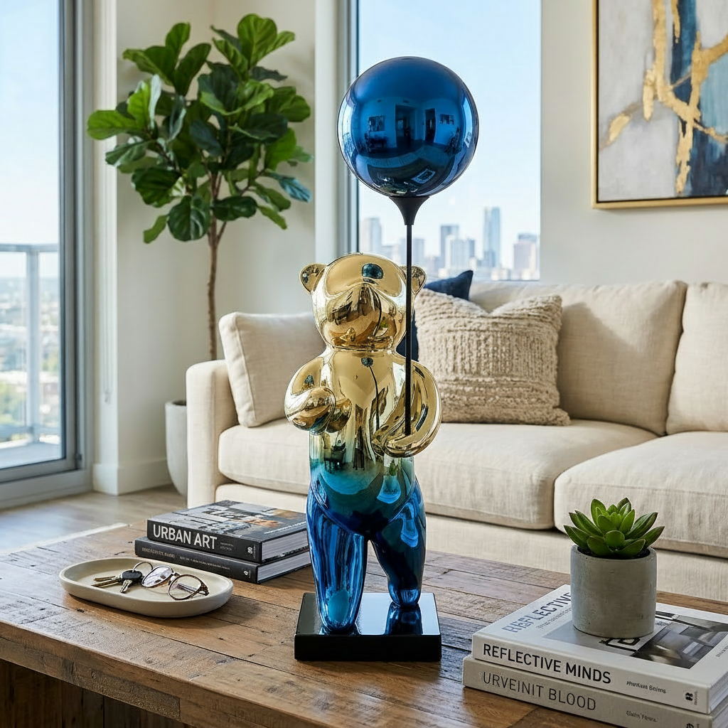 Elegant Blue & Gold Balloon Bear Statue