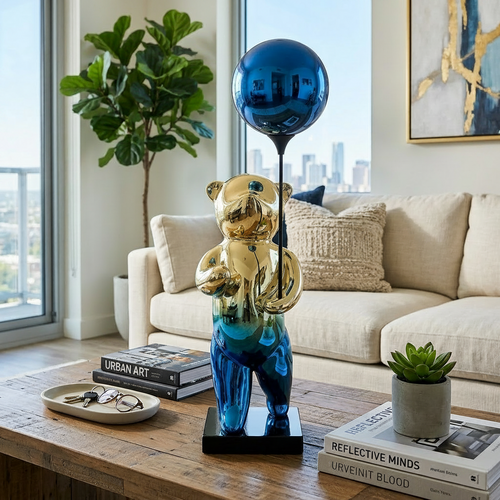 Elegant Blue & Gold Balloon Bear Statue