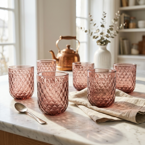 Smoky Rose Diamond Cut Glass Set 6 Piece (250 ML)