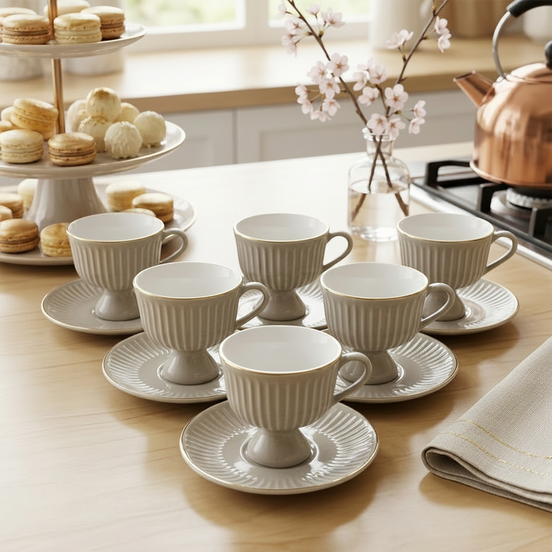 Elegant Gold Rim Teacup and Saucer Set of 6