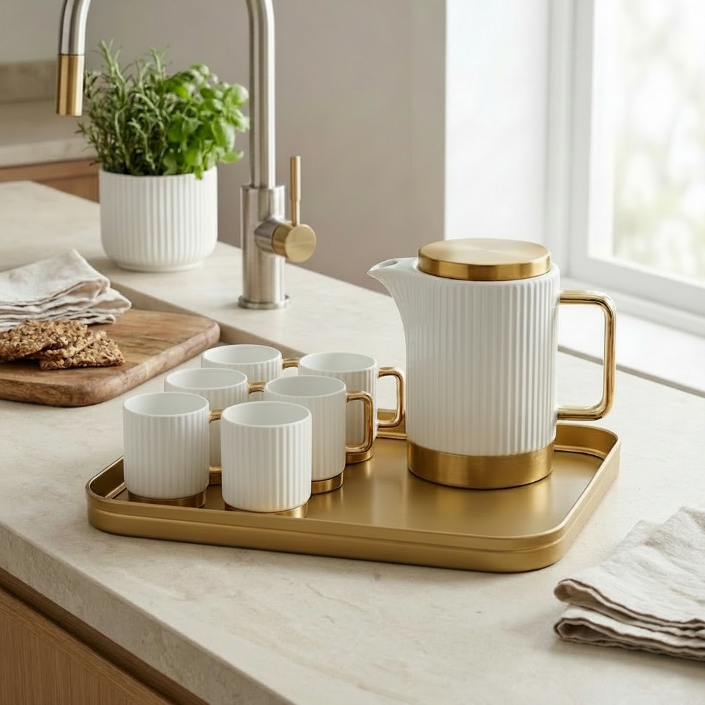 Elegant Gold Textured Ceramic Tea Set 8 piece