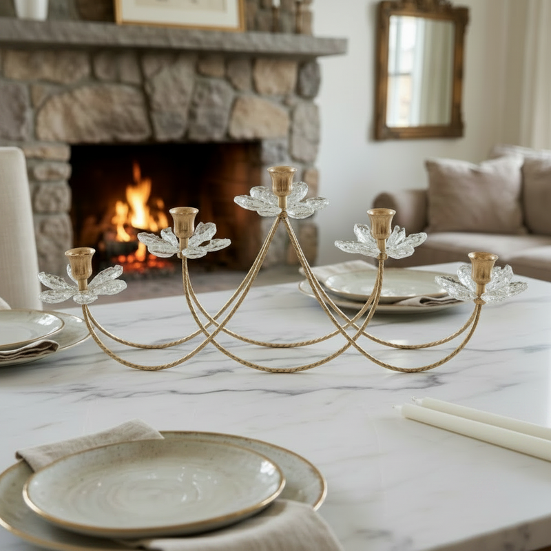 Elegant Textured Metal & Crystal Glass Floral Candle Holder