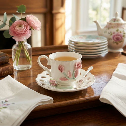 Vintage Sculpted Pink Lily Tea Cup & Saucer Set of 6
