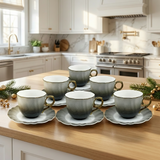 Modern Grey Teacup with Edges Saucer & Gold Handle Set of 6