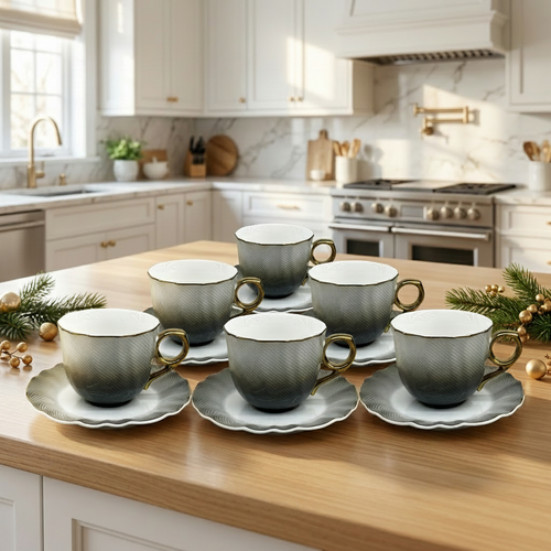 Modern Grey Teacup with Edges Saucer & Gold Handle Set of 6