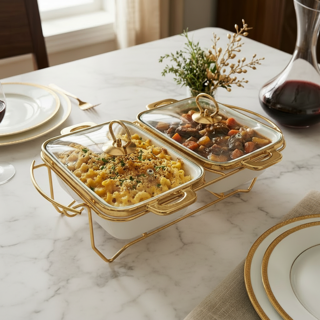 Imperial Double Casserole Dish with Gold Finish Stand Set of 2