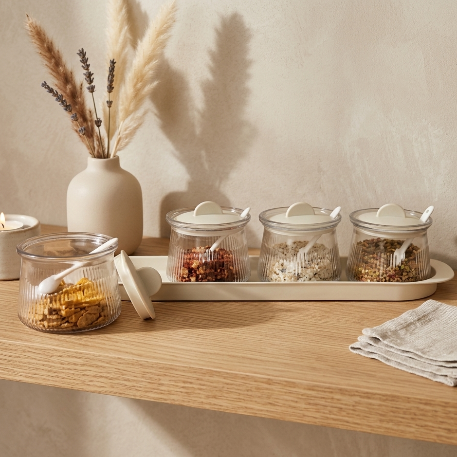 Modern Glass Jar Set with Tray & Spoons