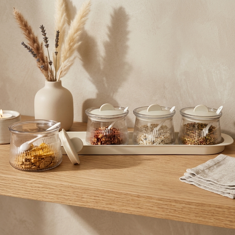 Modern Glass Jar Set with Tray & Spoons