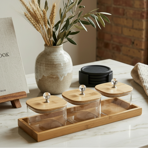 Elegant Glass Jars Set with Bamboo Tray Set of 3