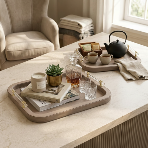 Luxe Faux Leather Decorative Serving Trays with Acrylic & Gold Handles Set of 2
